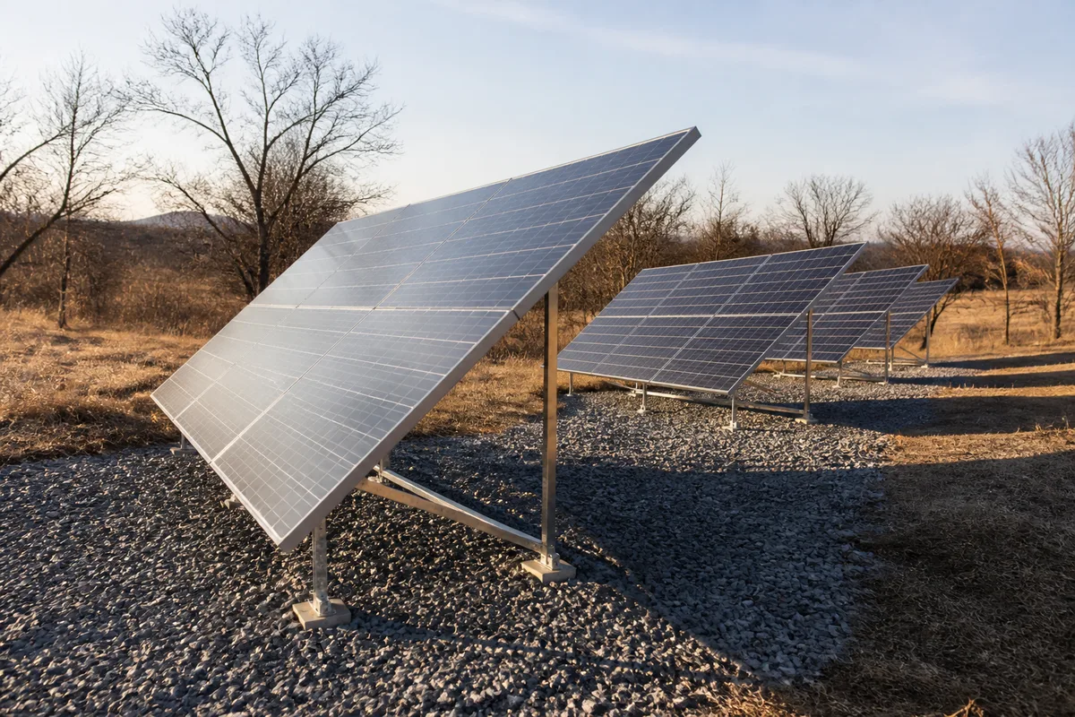Support solaire au sol reglable incline fortement, structure metallique sur graviers, lumiere rasante hivernale