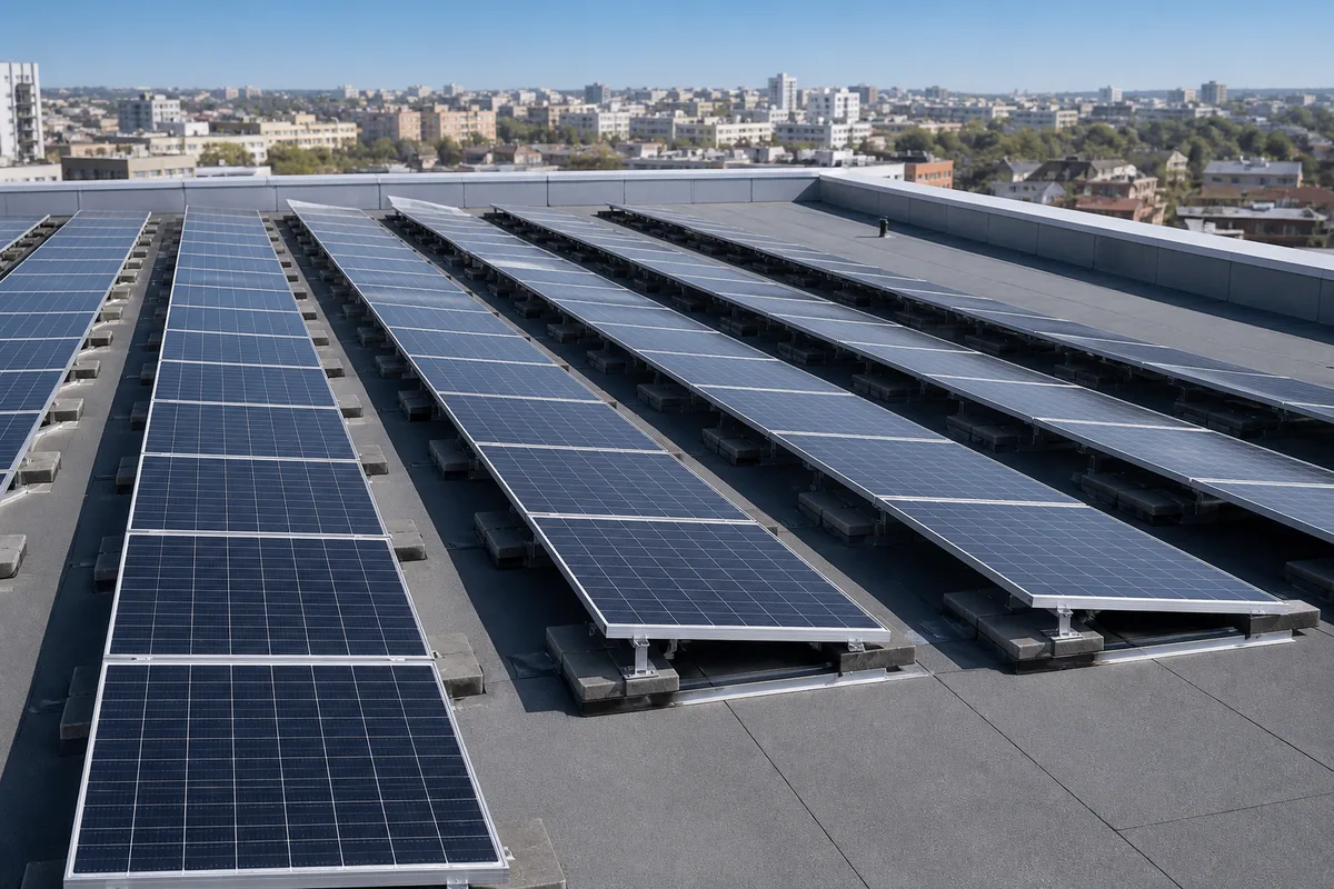 Toiture terrasse avec rangees de panneaux solaires sur bacs lestes, angle faible, espacement regulier entre les files