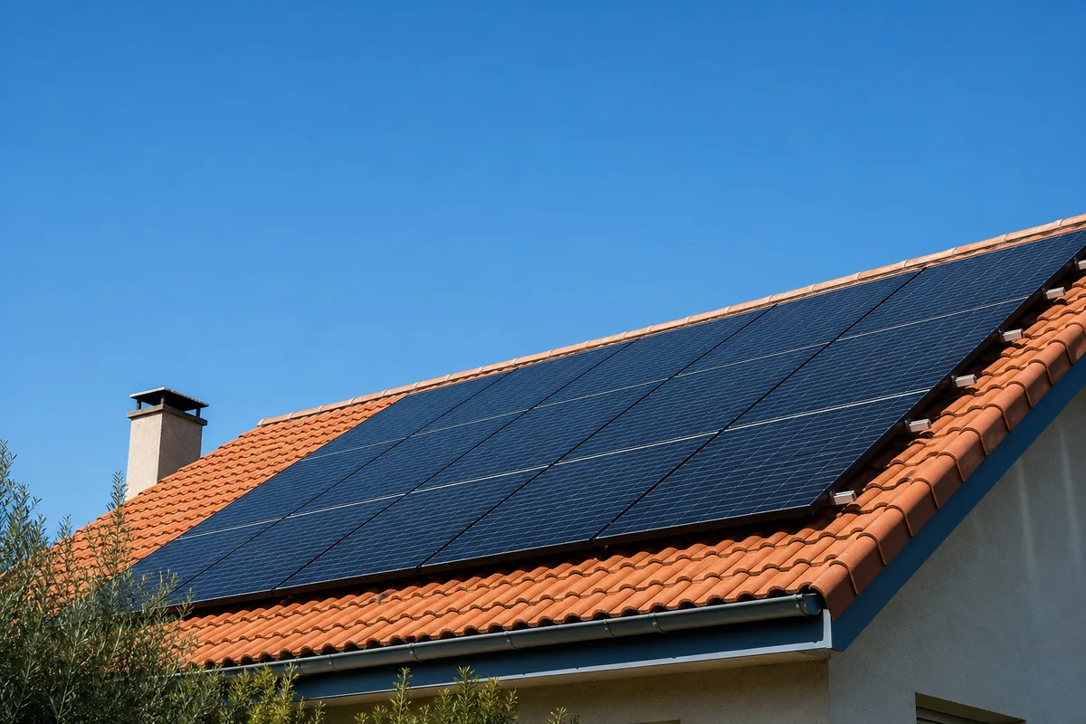 Panneaux photovoltaïques posés sur une toiture inclinée en tuiles, sous une lumière franche de plein jour