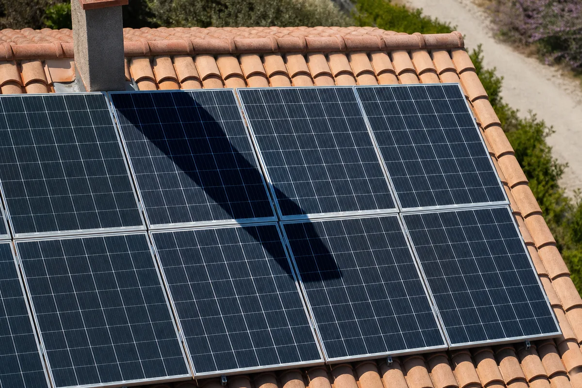 Panneaux photovoltaïques posés en surimposition sur une toiture de tuiles, avec l’ombre portée d’une souche de cheminée