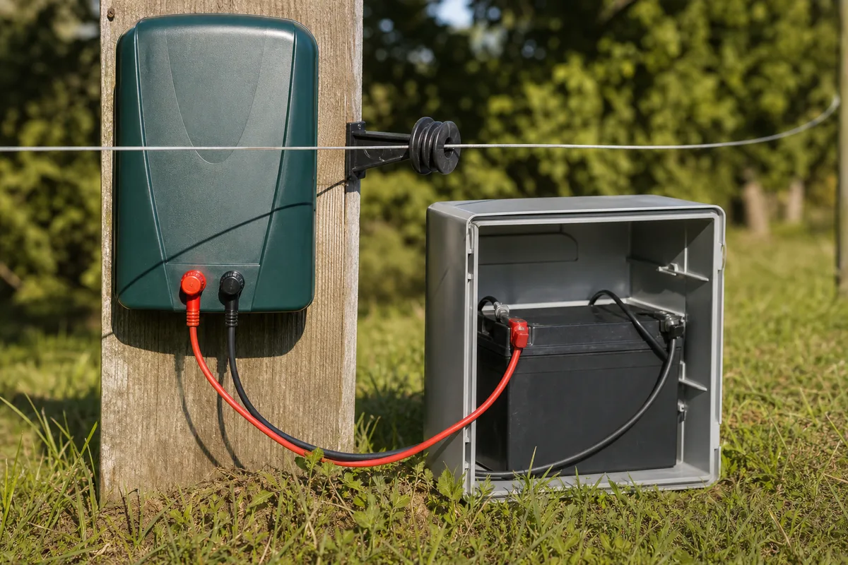 Électrificateur de clôture 12 V alimenté par un petit panneau solaire au bord d’une pâture