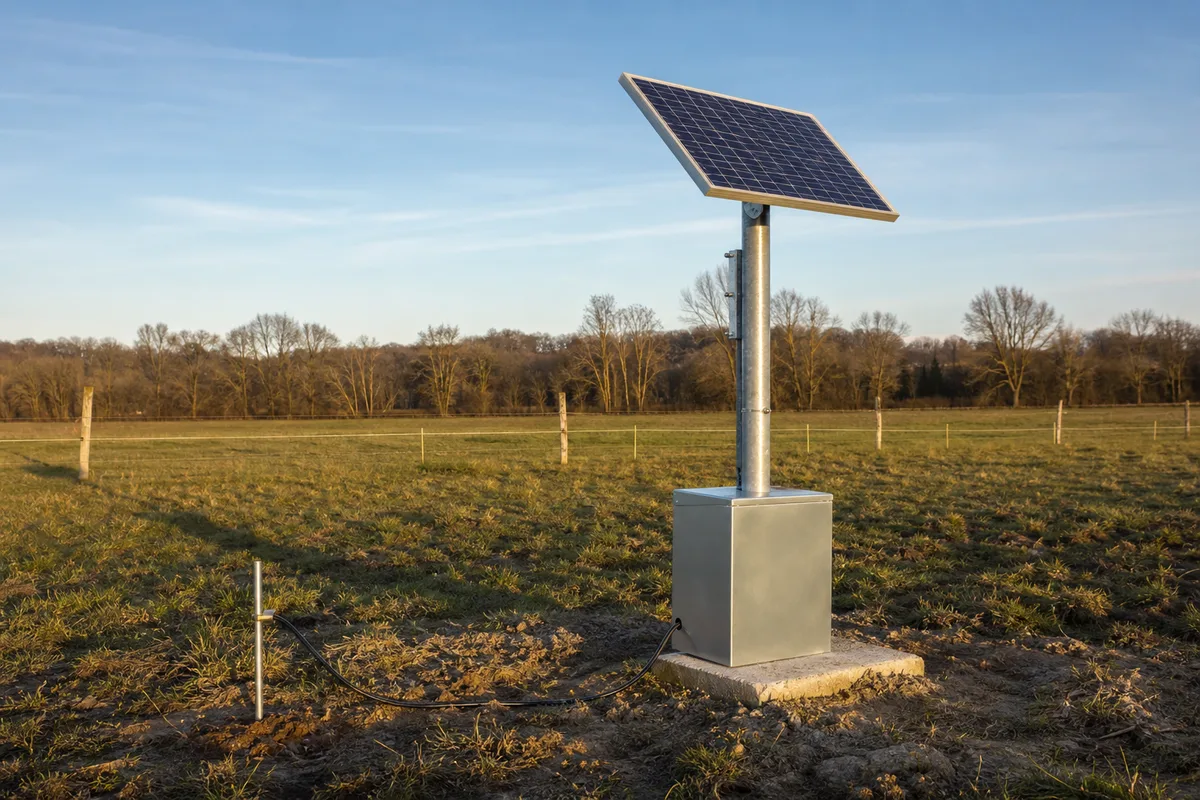 Coffret de batterie et mât galvanisé supportant un module solaire en bordure de pâture