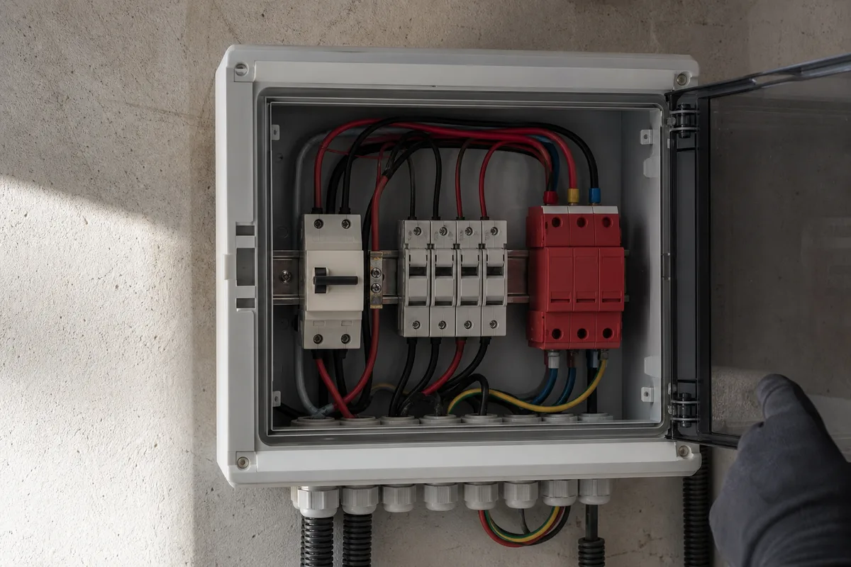 Coffret de protection en courant continu ouvert, sectionneur, porte-fusibles et parafoudre alignés sur rail