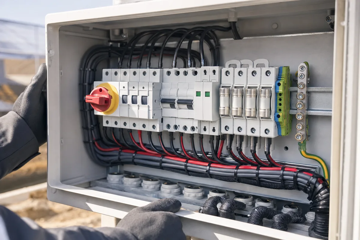 Coffret DC photovoltaïque ouvert avec sectionneur, parafoudre et porte-fusibles alignés