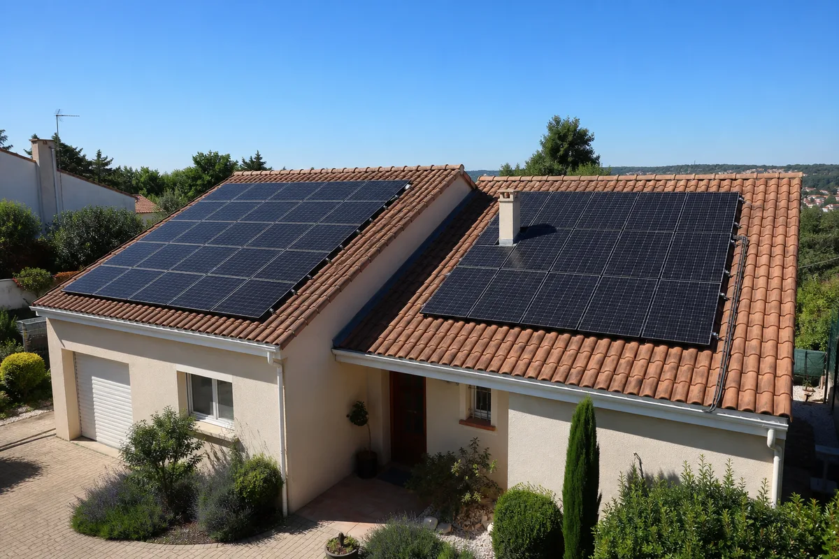 Toiture à deux pans équipée de panneaux solaires d’orientations différentes sous un ciel dégagé