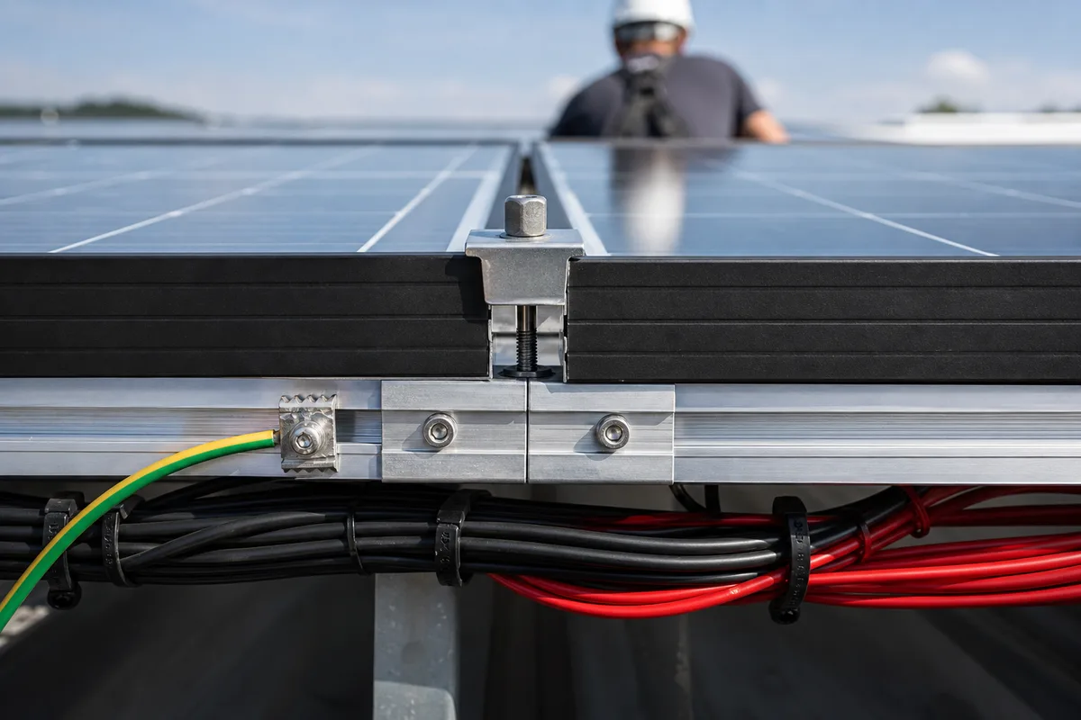Détail de rails, de pinces de serrage et de câblage photovoltaïque soigné sur toiture