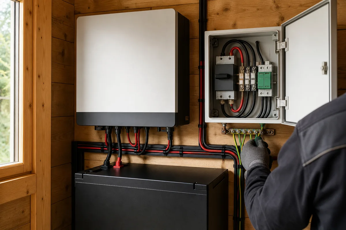 Onduleur chargeur 230 V et batterie lithium murale dans le local technique d’un chalet hors réseau