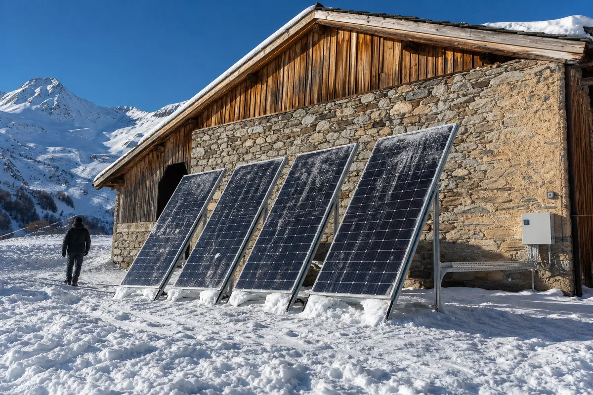 Champ de panneaux solaires posé au sol sur structure inclinée devant une grange de montagne enneigée