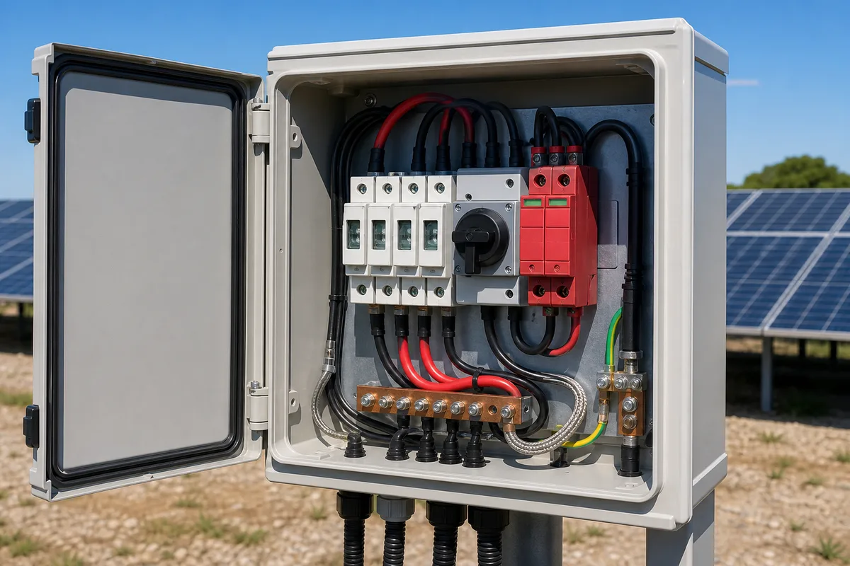 Coffret DC ouvert avec protections, parafoudre et câblage soigné d’une installation photovoltaïque