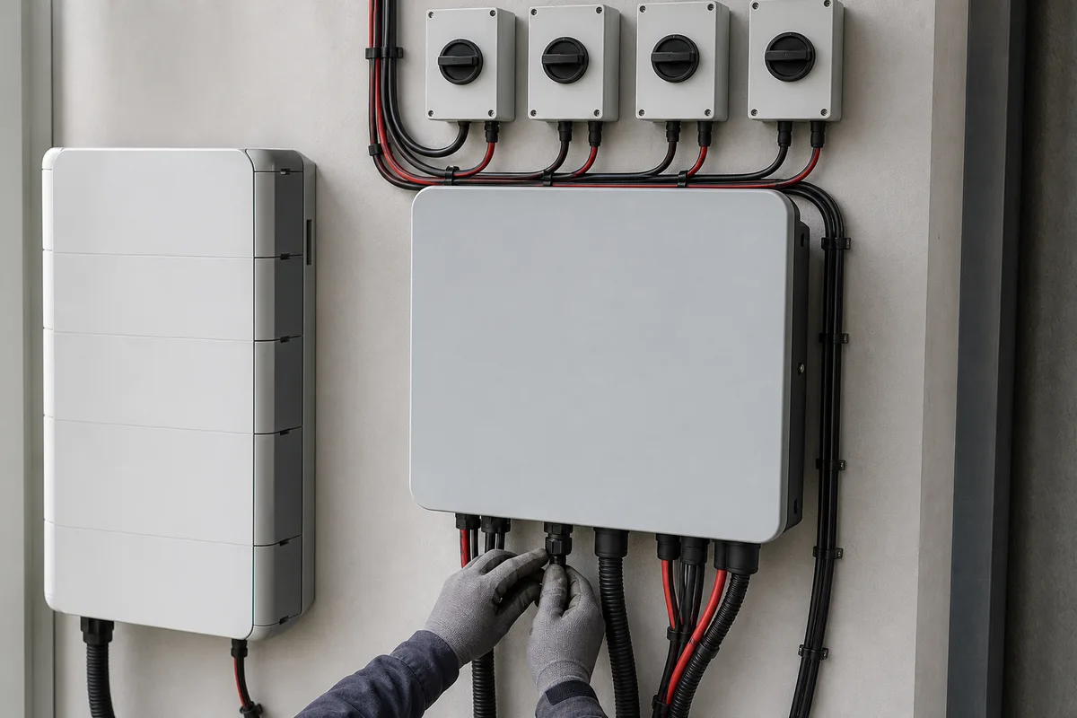 Onduleur chargeur hybride mural raccordé à une batterie lithium dans un local technique