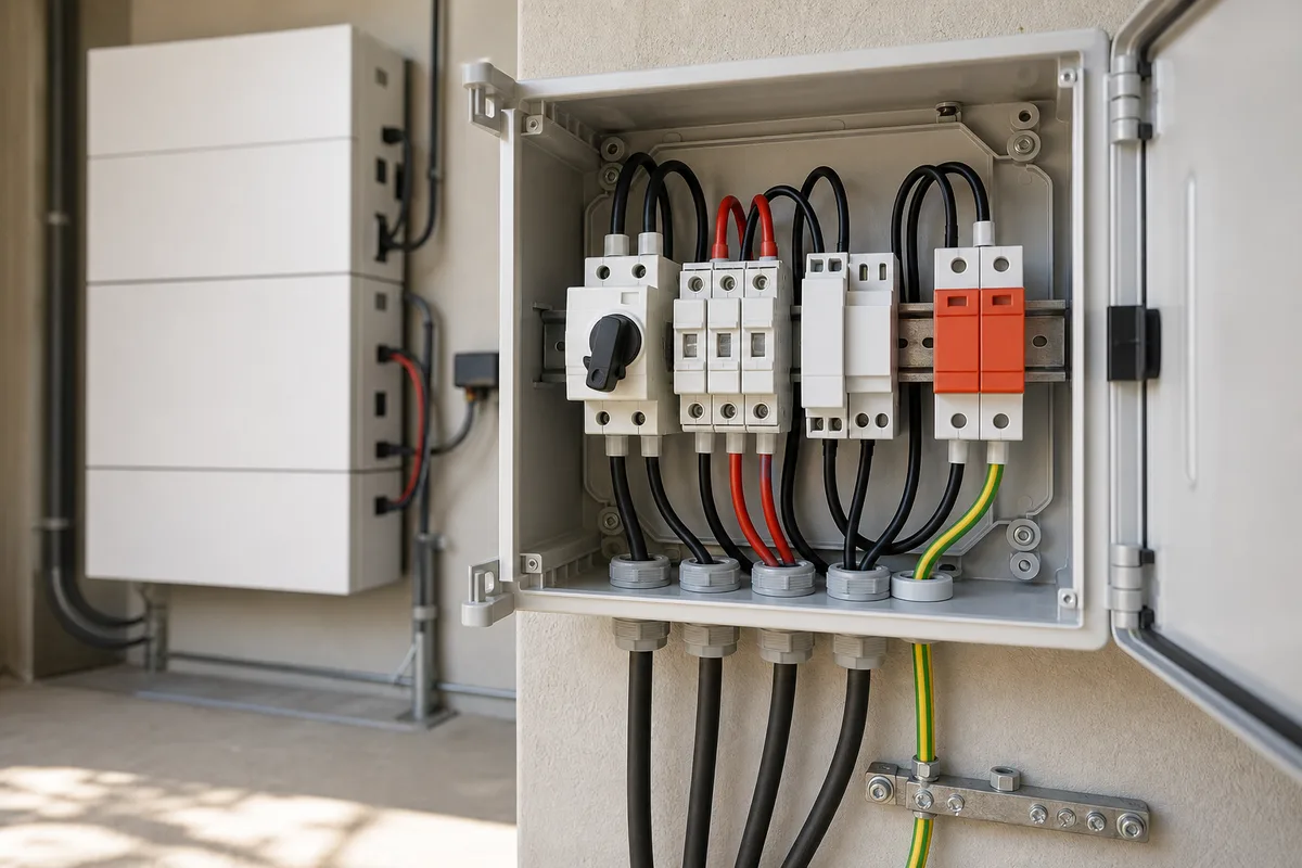 Batterie lithium murale et coffret de protection continue câblés avec soin sur un mur clair