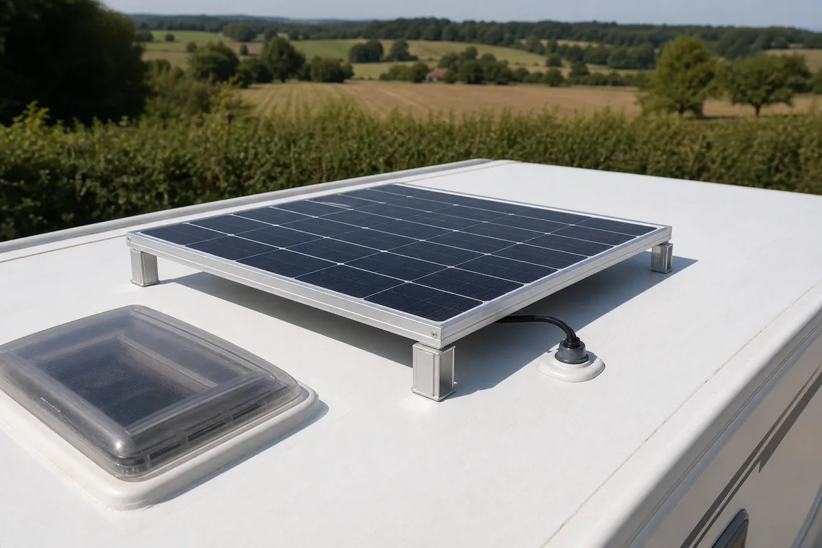 Module photovoltaïque monocristallin de 175 W fixé sur le pavillon d’un camping-car