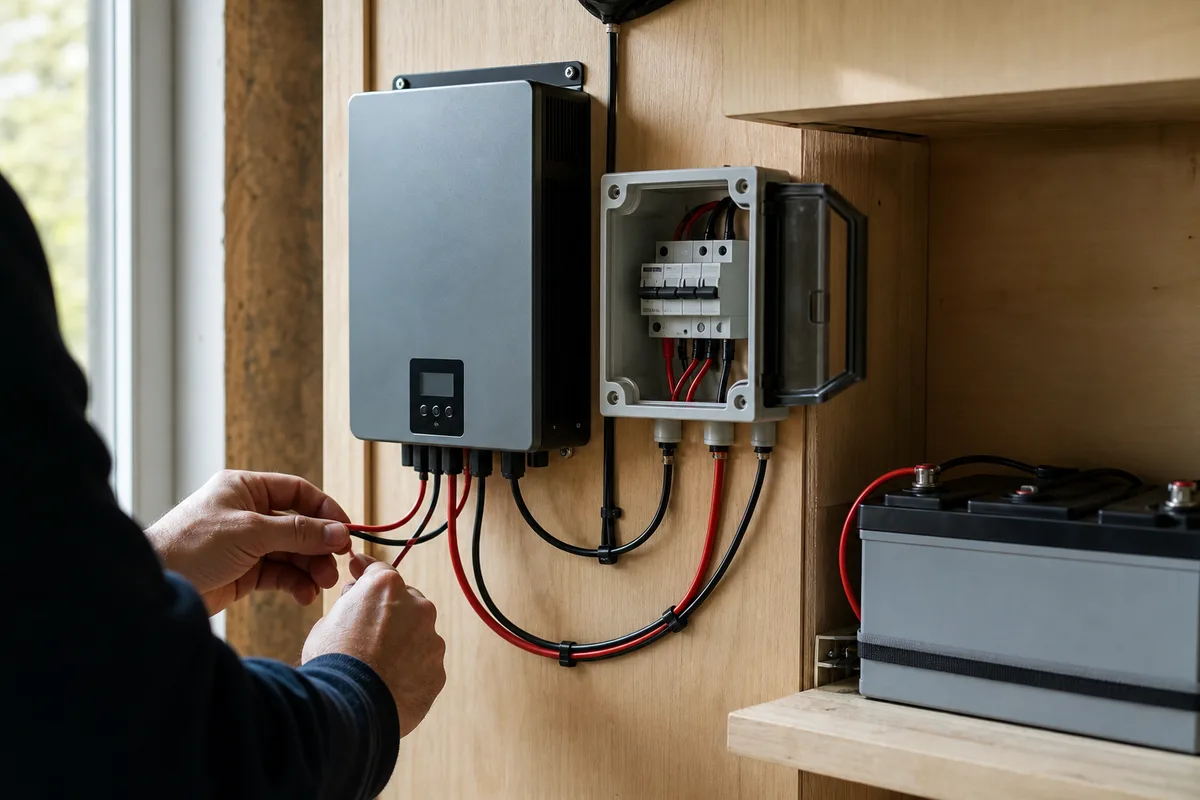 Régulateur MPPT et coffret de protection reliés à une batterie lithium dans un cabanon