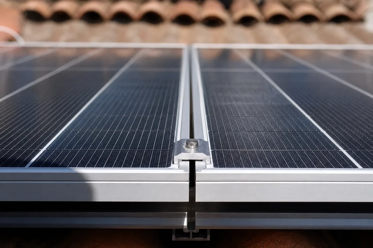 Modules photovoltaïques monocristallins alignés sur une toiture en tuiles, vue rapprochée des cadres et des rails