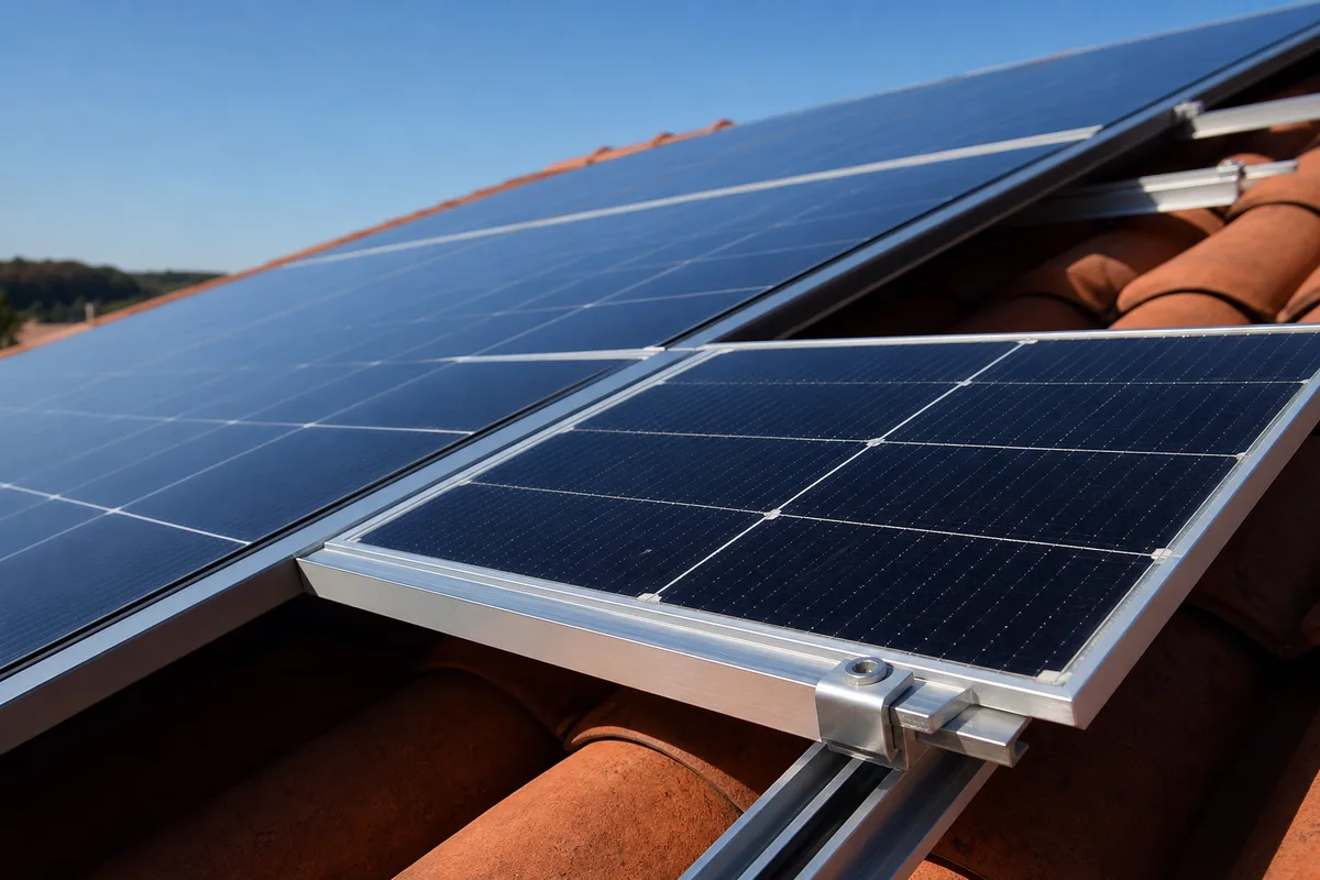 Toiture en tuiles couverte de panneaux photovoltaïques sous un ciel dégagé