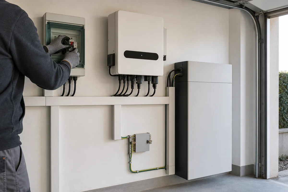 Coffret de protection courant continu, onduleur hybride et batterie murale câblés dans un garage