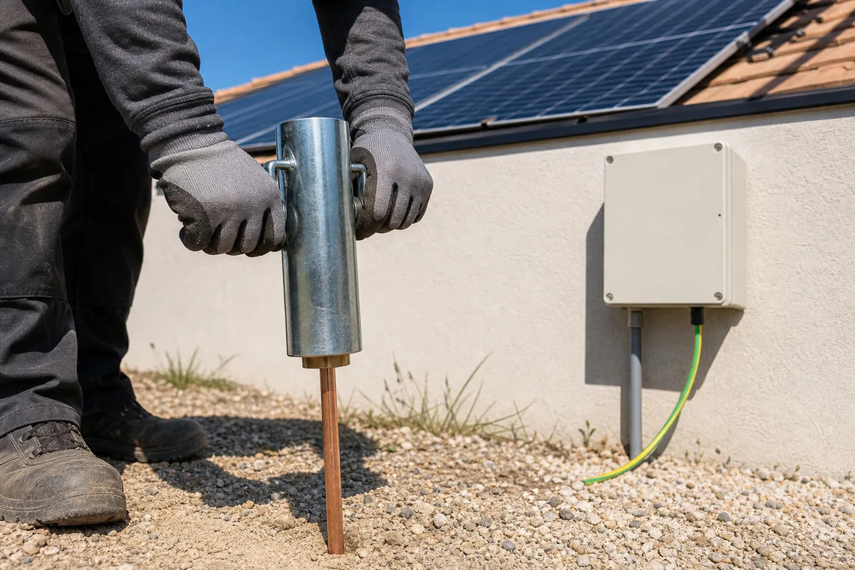 Piquet de terre en acier cuivré enfoncé au pied d&rsquo;une maison équipée de panneaux solaires