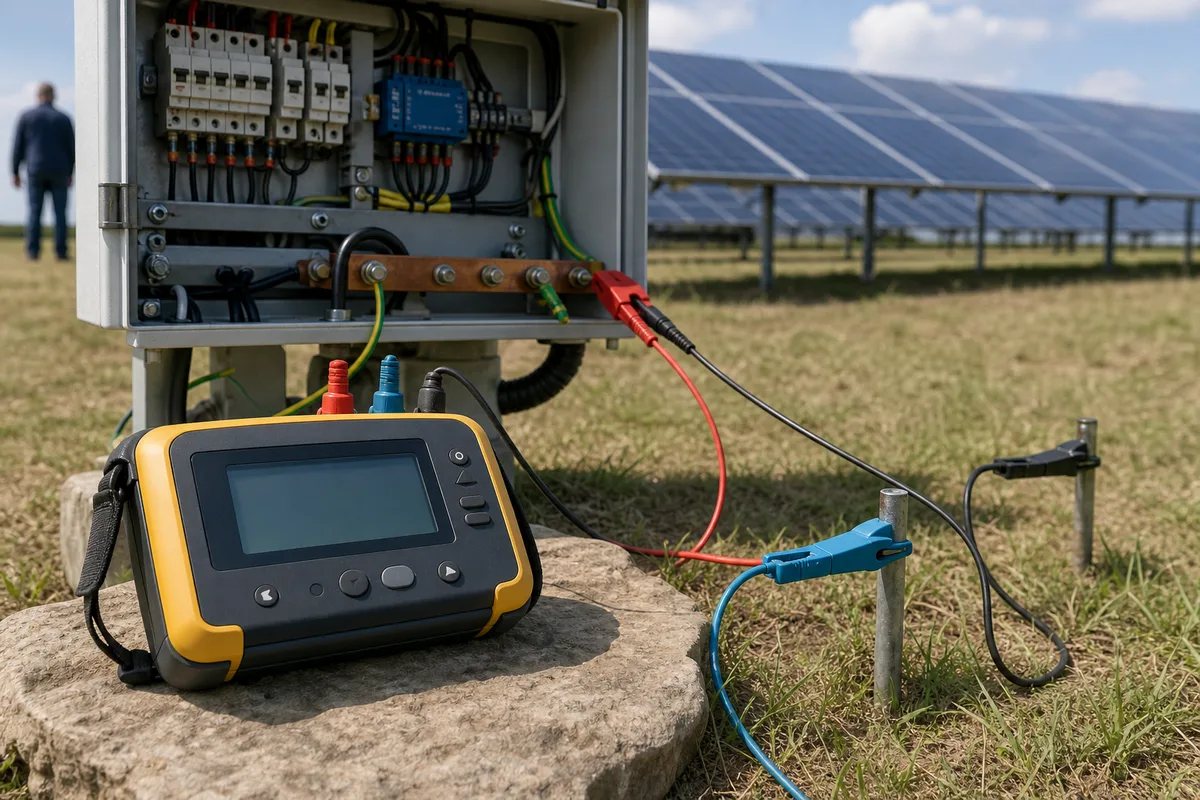 Mesure de la résistance de terre au telluromètre à côté d&rsquo;un coffret de protection photovoltaïque