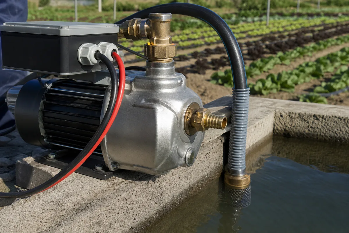Pompe de surface 12 V raccordée à un panneau photovoltaïque au bord d’un potager