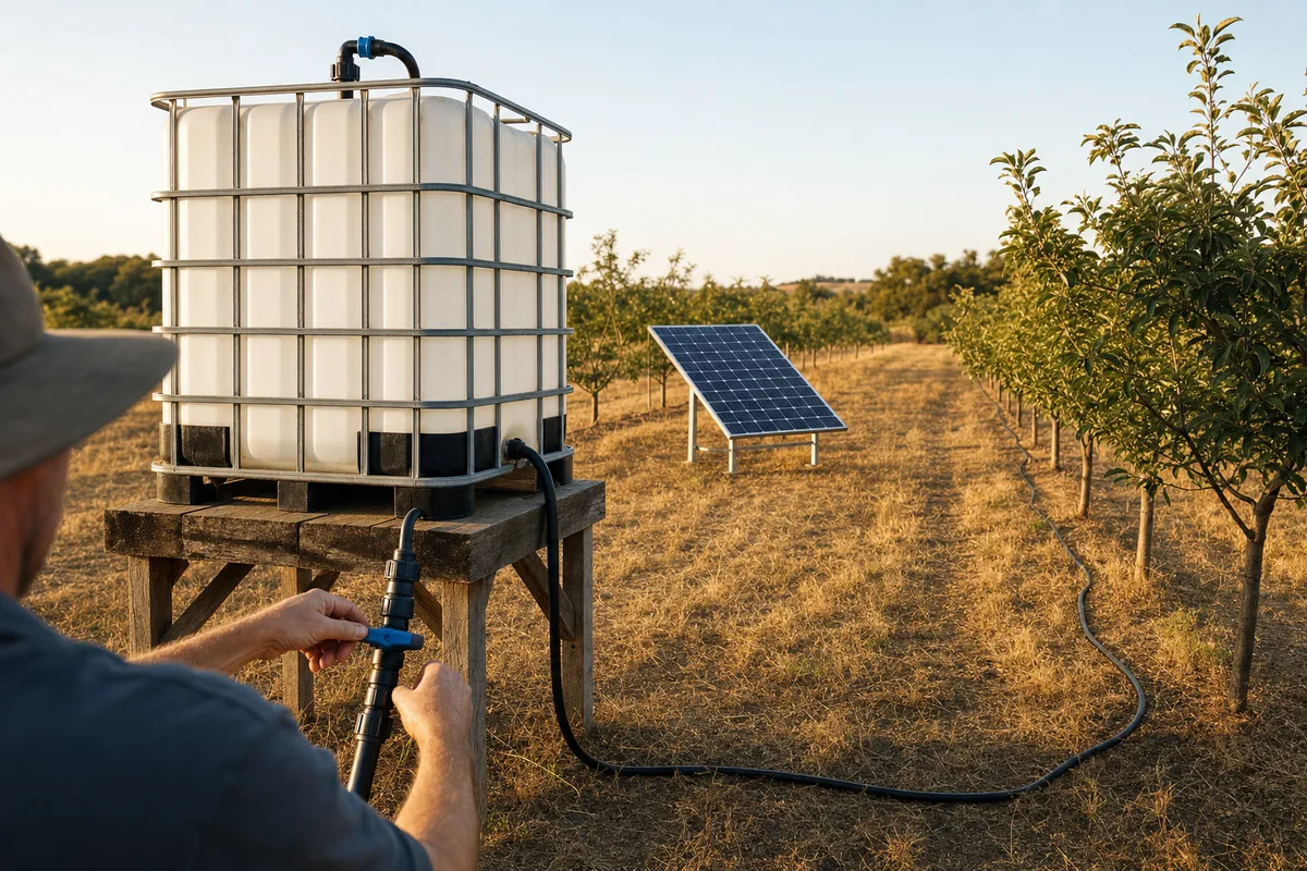 Cuve de stockage alimentée par une pompe solaire dans un verger en plein été