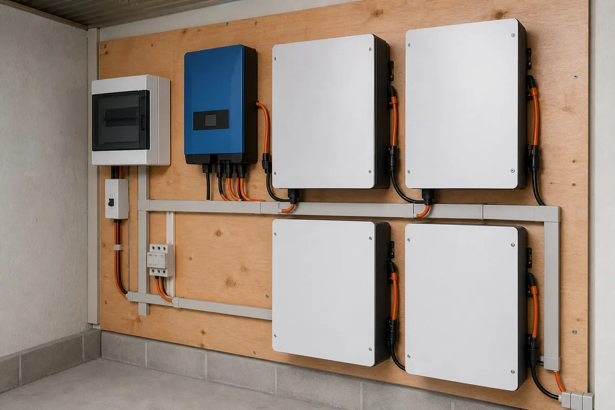 Parc de batteries, régulateur MPPT et coffret de protection installés dans le local technique d'une bergerie alimentée en solaire autonome