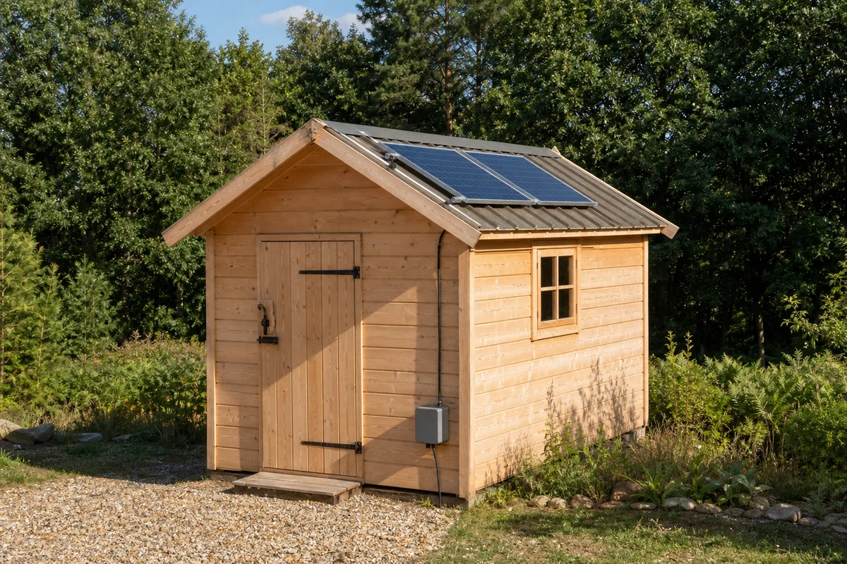 Cabanon de jardin en bois équipé de deux panneaux solaires sur toiture inclinée, en lisière de forêt
