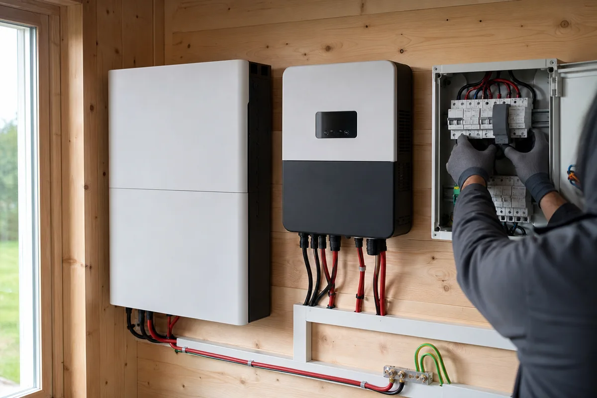 Local technique de site isolé avec batterie lithium murale, onduleur hybride et coffret de protection au câblage soigné